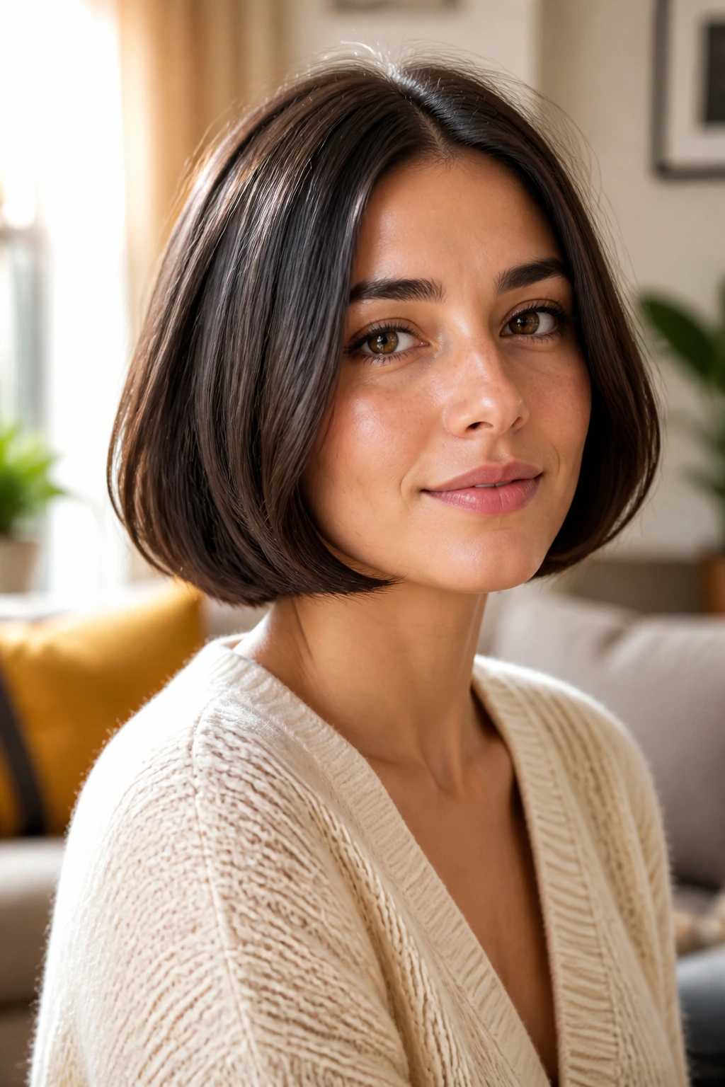 Close-up portrait of a real woman with a rounded under-curve bob in warm natural light