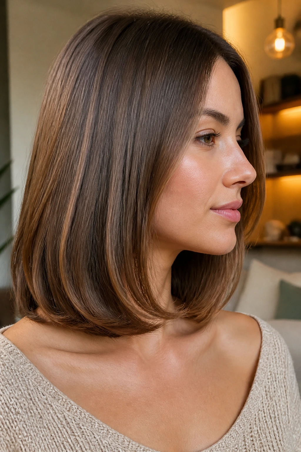 Profile portrait of woman with rounded underbend lob showing curved under ends.