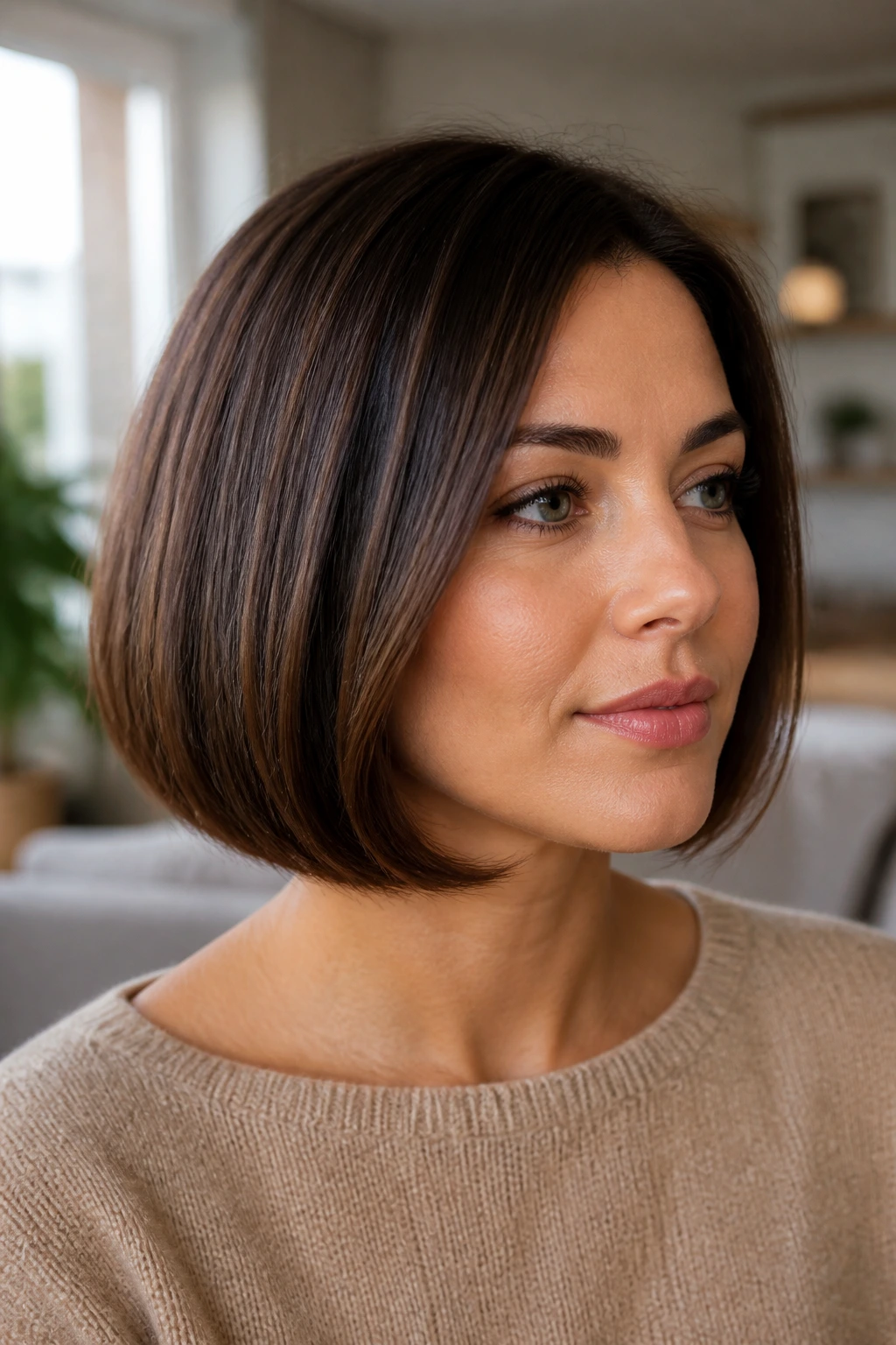 Close-up of a real woman with a rounded undercurve bob in a cozy living room