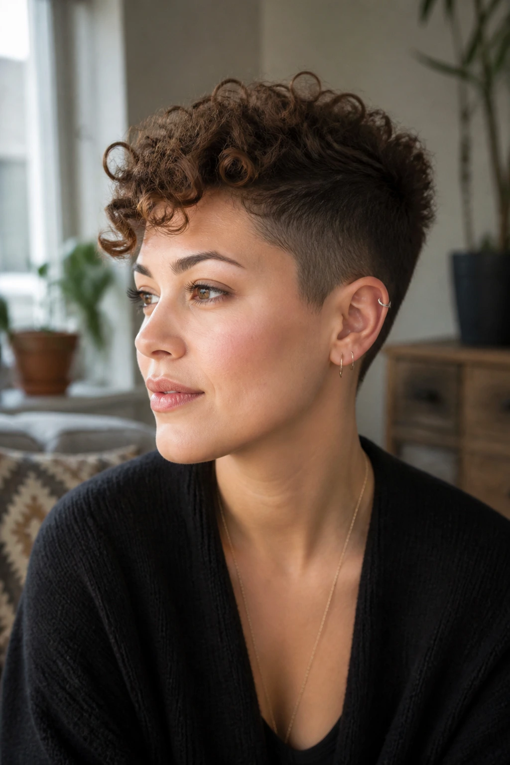 Close-up of real woman with rounded undercut pixie hairstyle