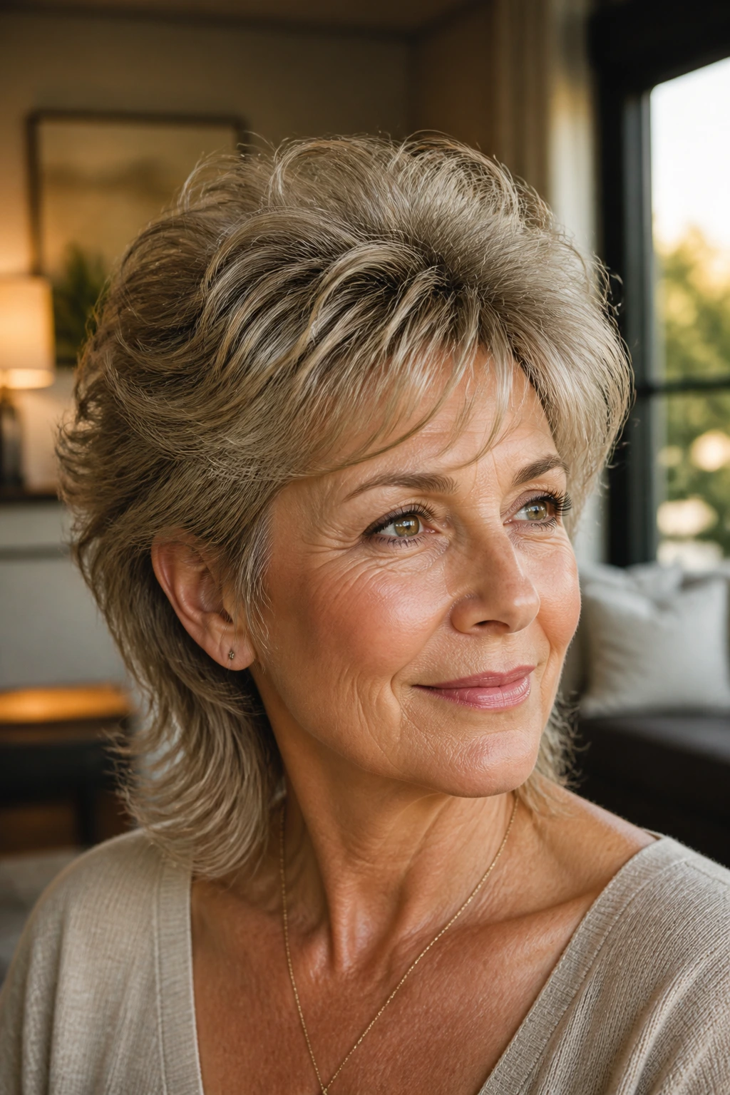 Real woman with rounded volume mullet and lush crown