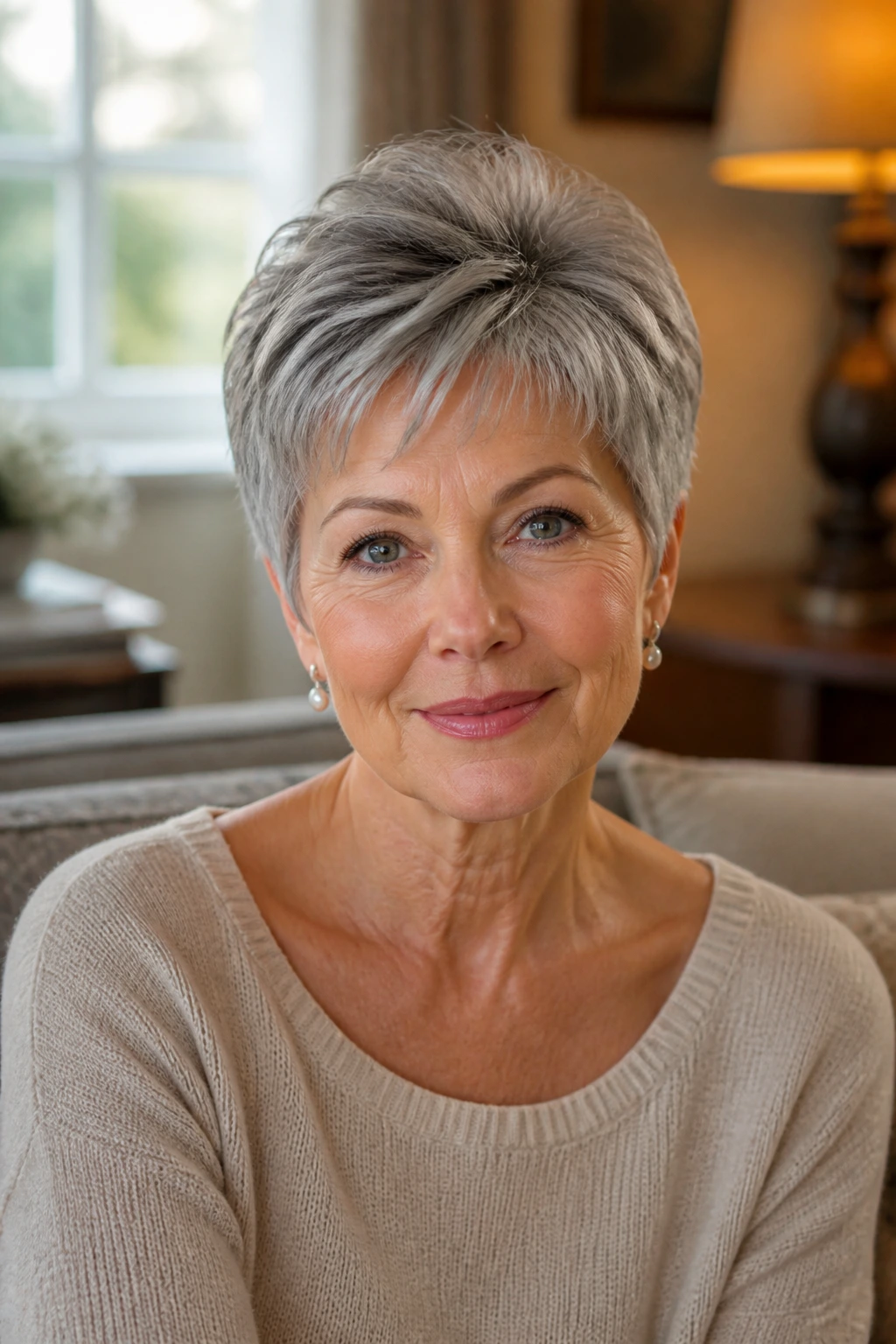 Portrait of a real woman with a rounded volume pixie under warm living room light