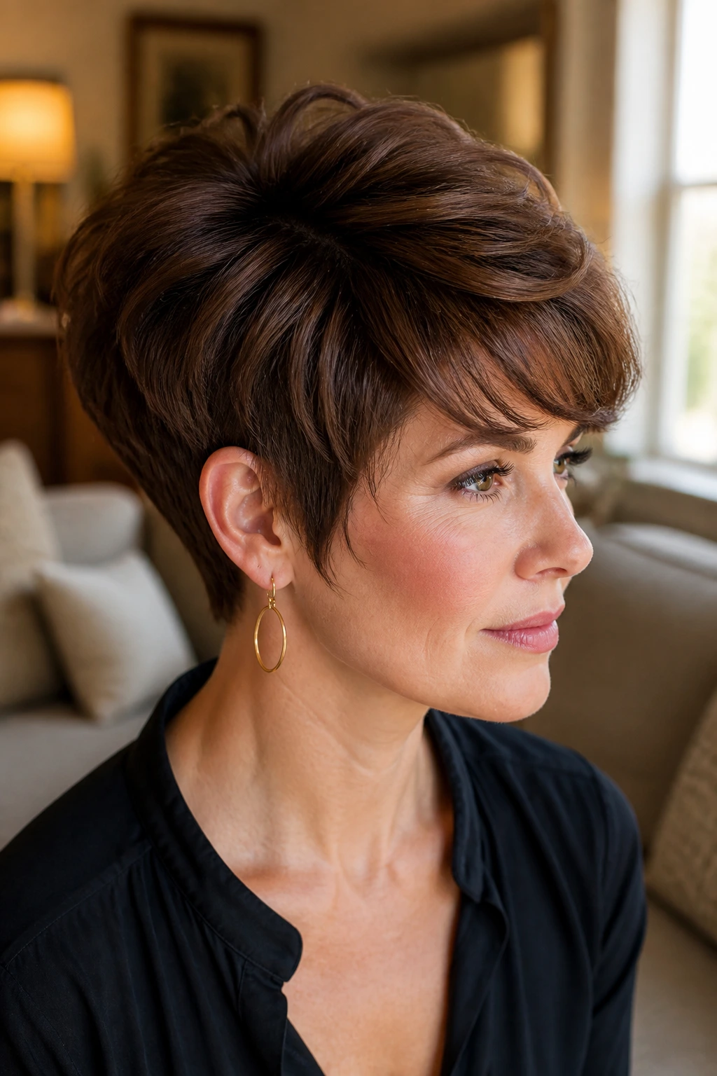 Close-up portrait of a real woman with rounded volume pixie showing crown fullness