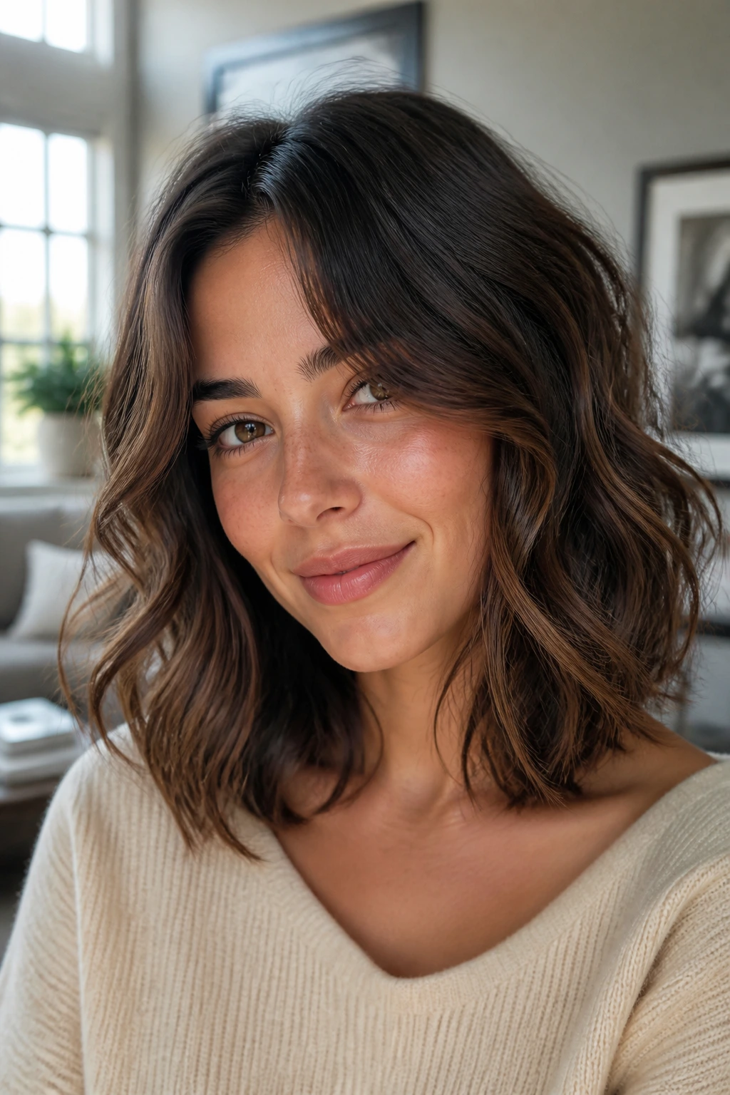 Close-up of a woman with a rounded wavy cut and subtle layers