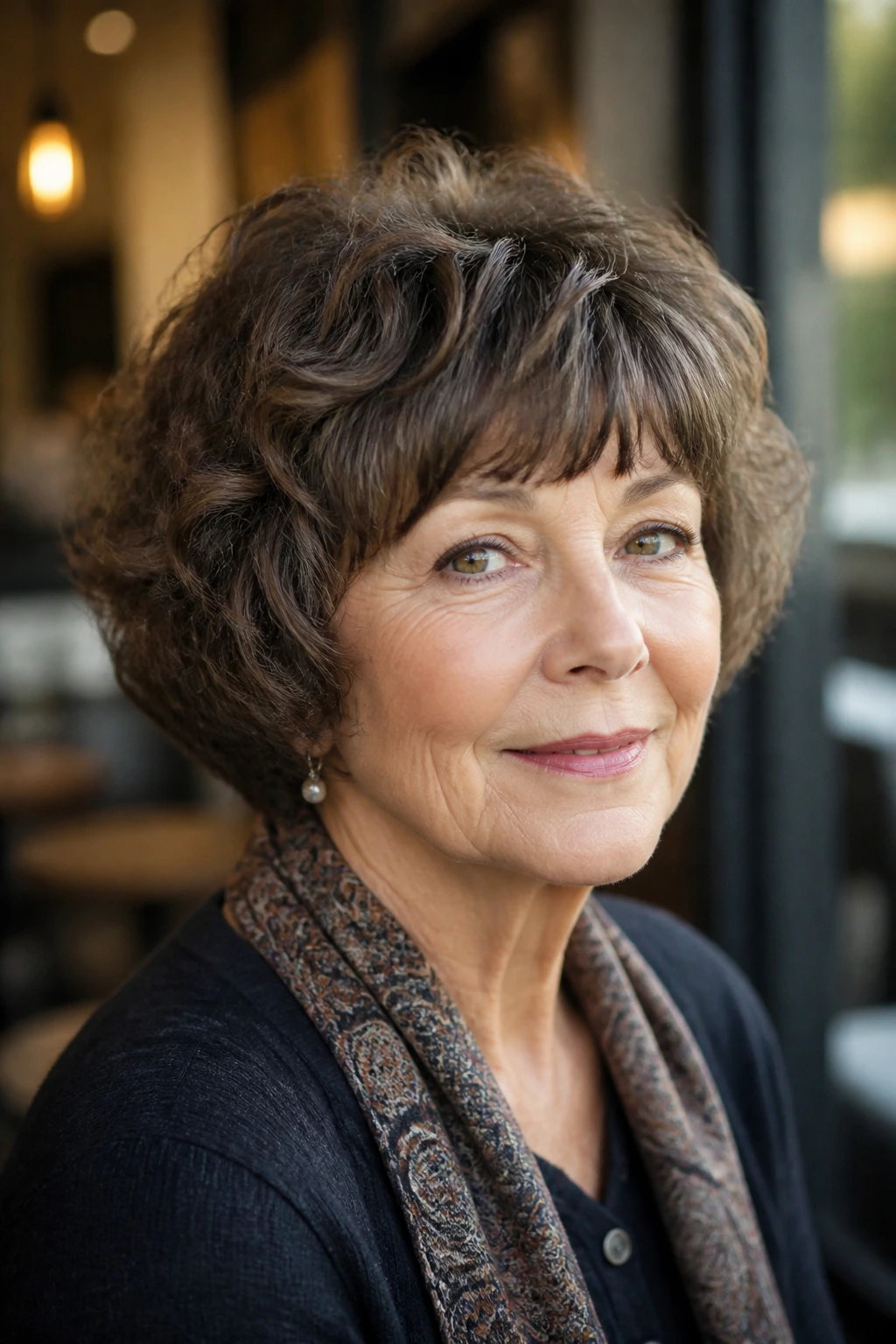 Close-up of a real woman with rounded wedge cut and clean fringe in cafe light.