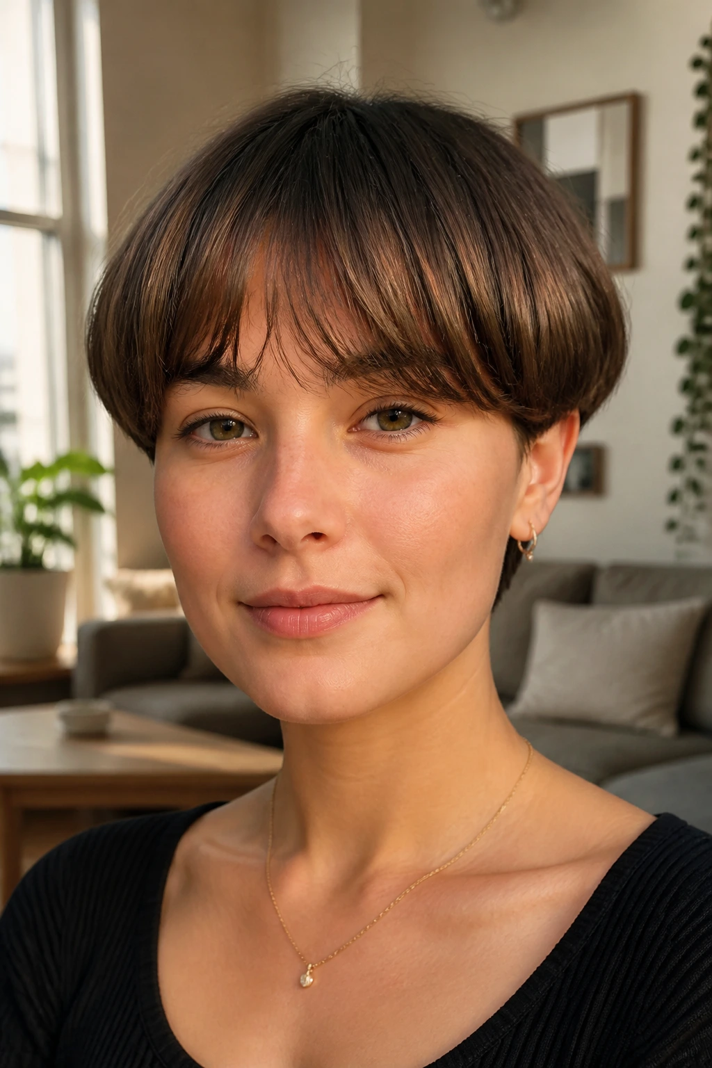 Close-up portrait of a real person with rounded wisps on a bowl cut in natural light.