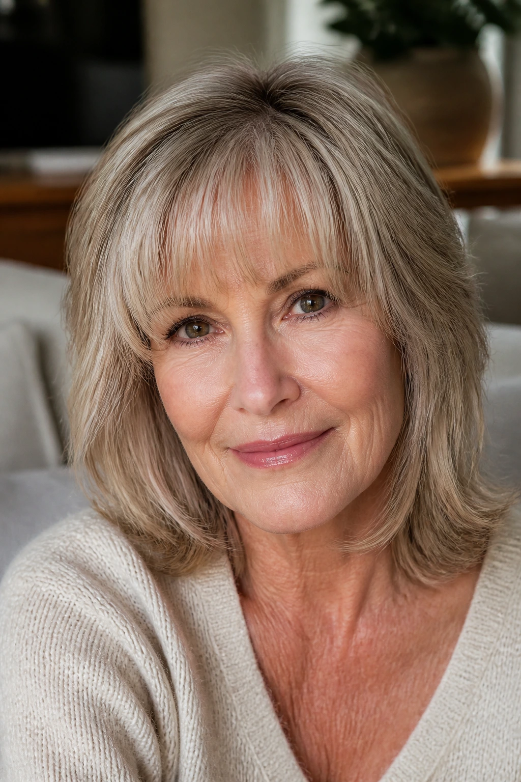 Close-up of a real woman with rounded wispy bangs