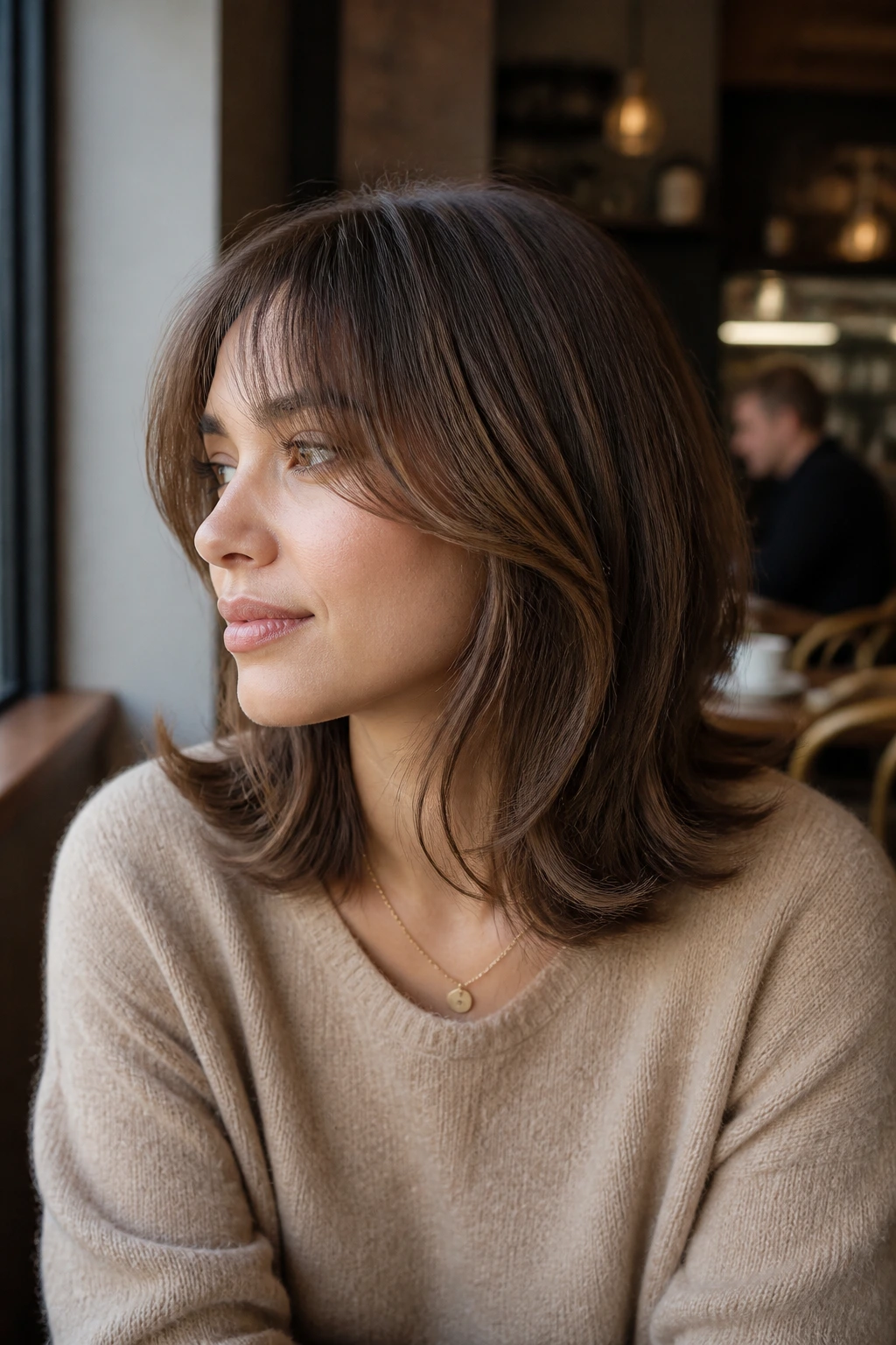 Real woman with rounded wispy mid-length cut and soft flip ends in natural light.