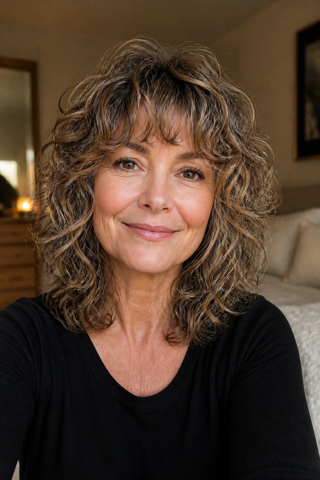Close-up portrait of a real woman with a rounded wolf cut and curly bangs.