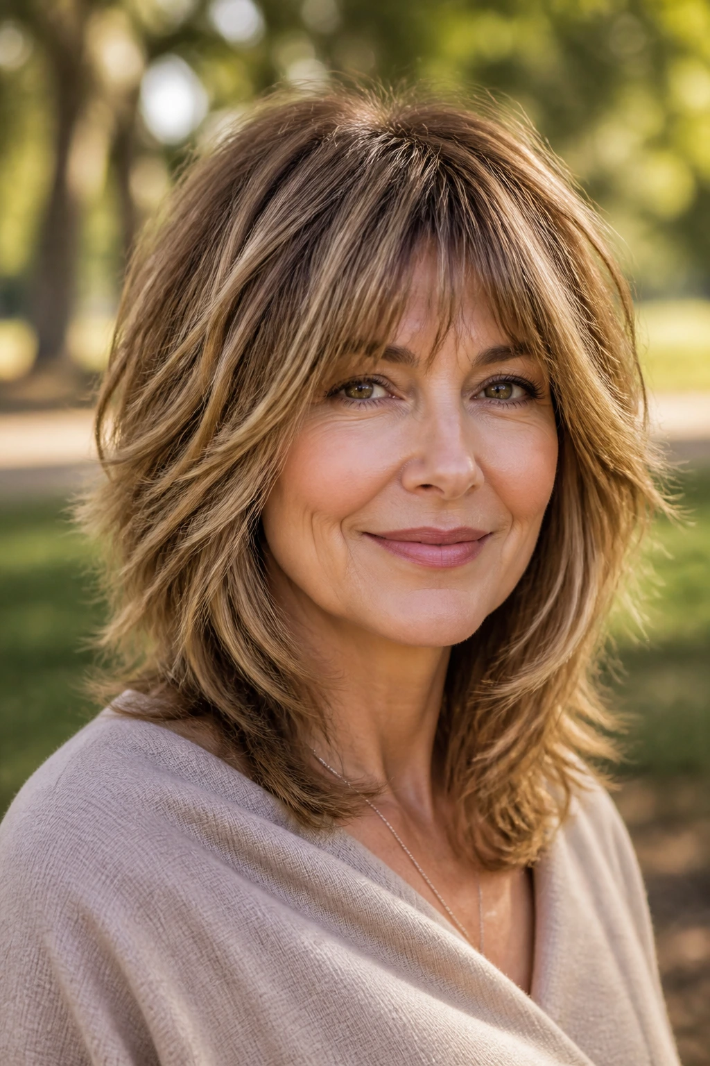 Real woman with rounded wolf cut, soft cheek framing and rounded perimeter