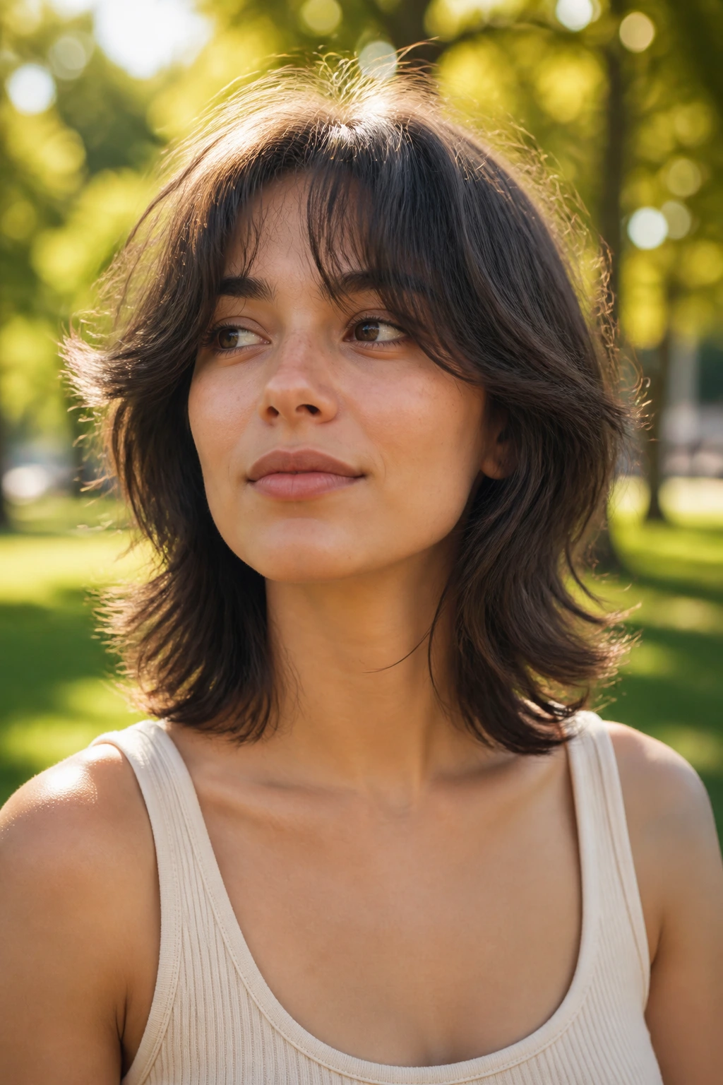 Close-up of a real person with rounded wolf cut