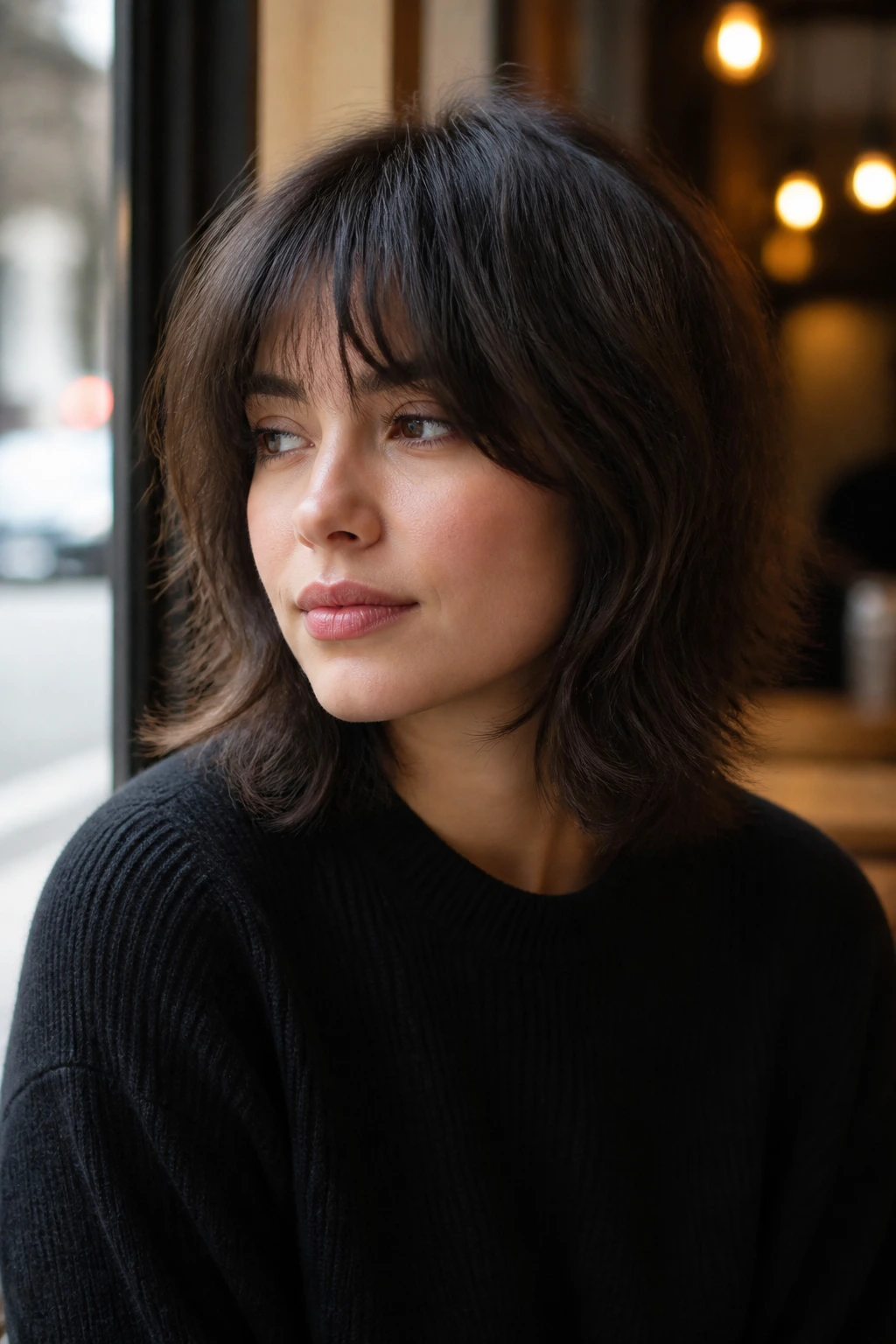 Close-up portrait of a real person showing rounded wolf cut, soft curves around head in a cafe setting.