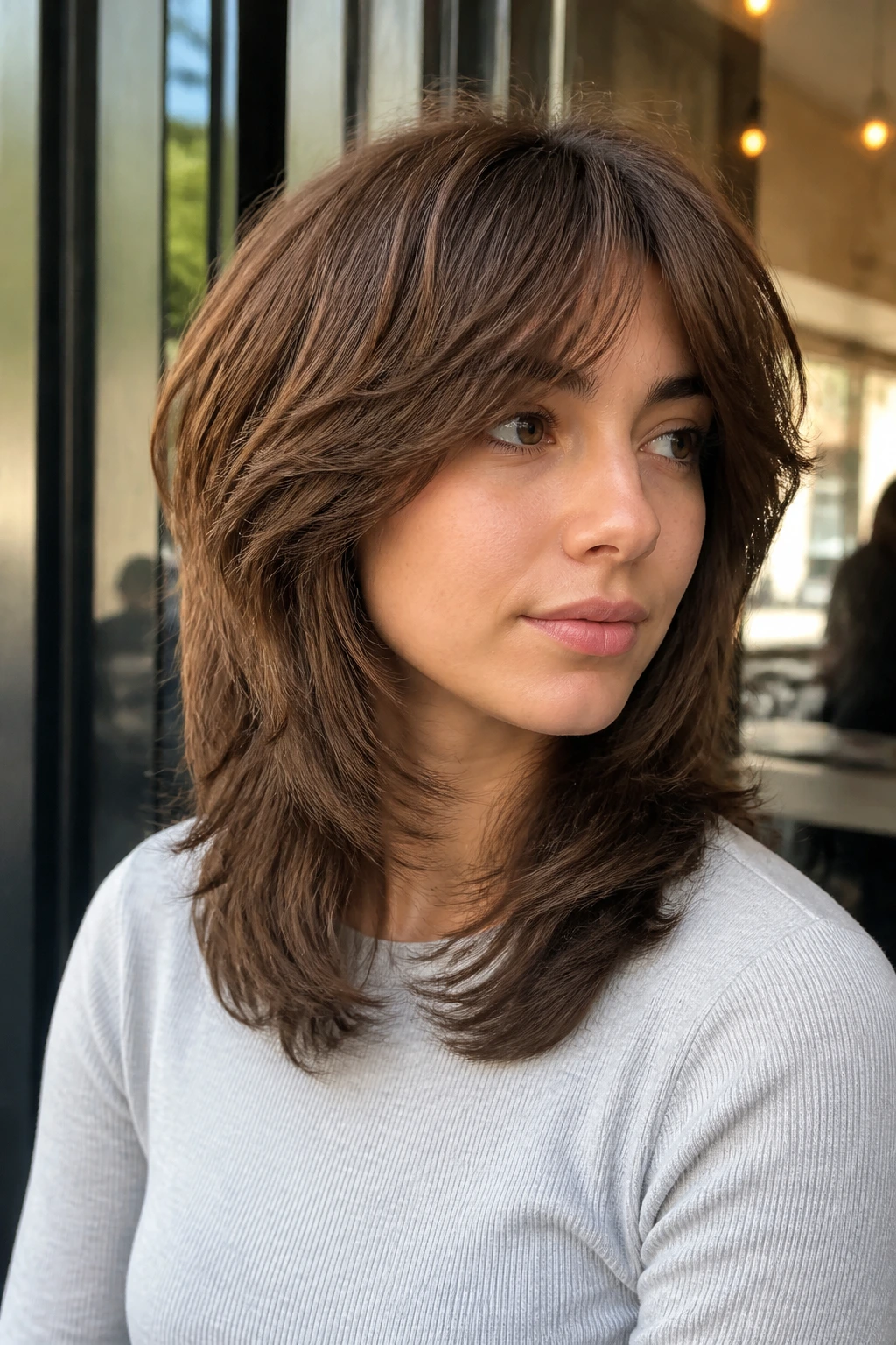 Close-up of a real person with Rounded Wolf for Dense Hair showing curved internal layers around the head.