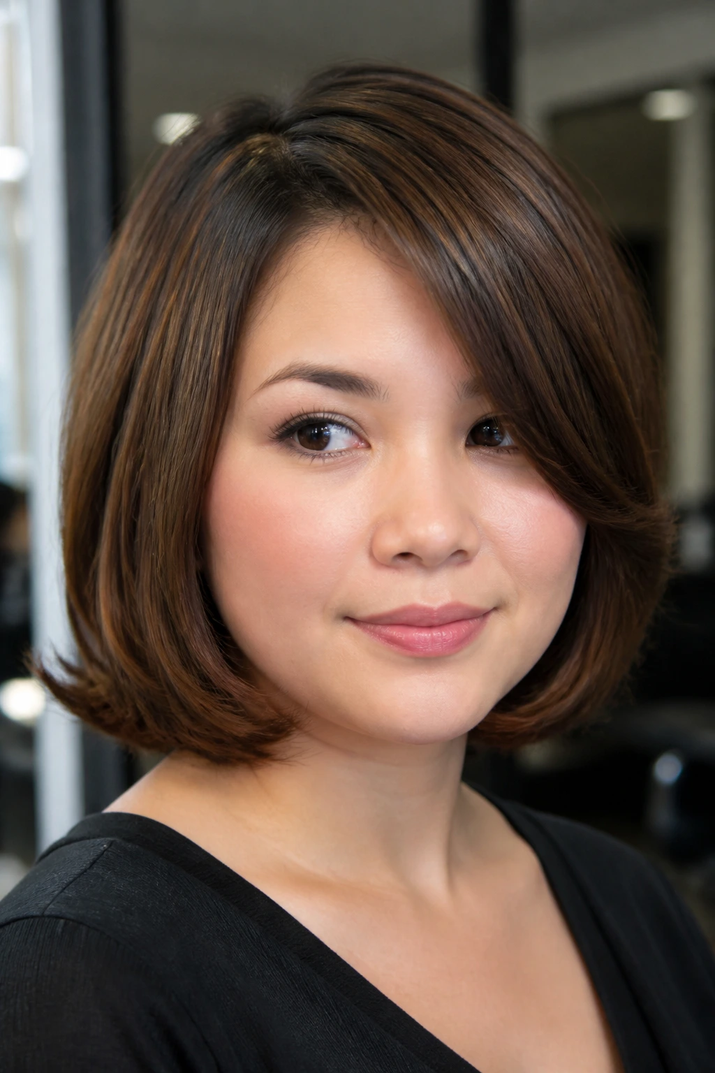 Close-up portrait of a real woman with a 1990s-inspired bob for a round face in a salon