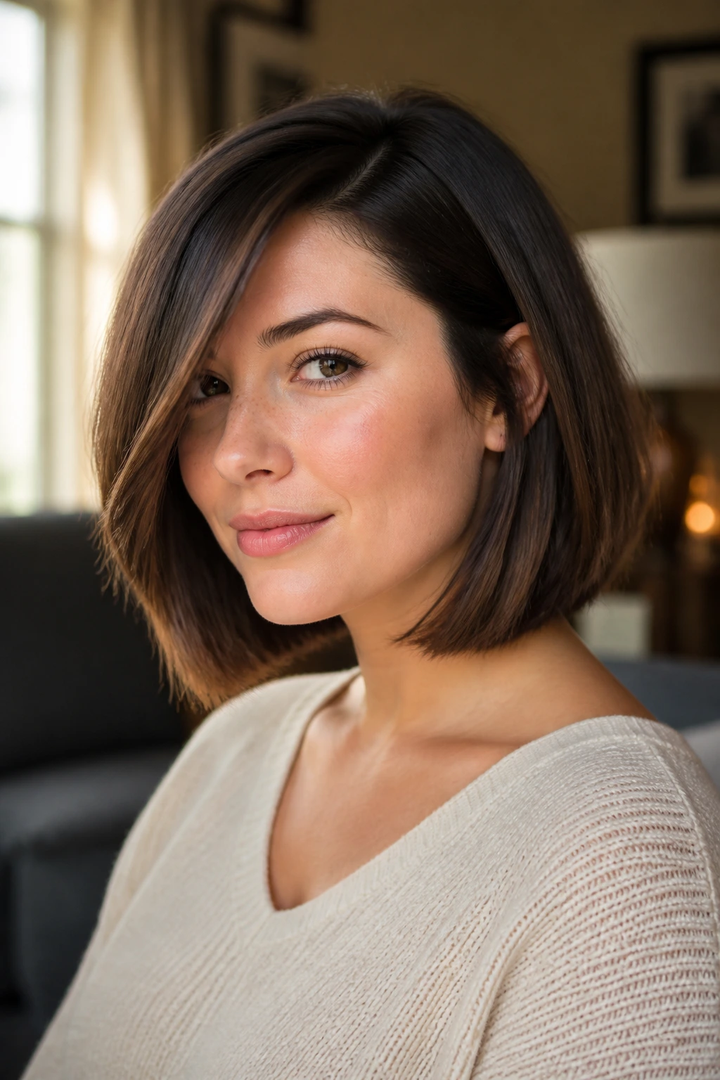 Real woman with shoulder-length bob showing length and diagonals for round face