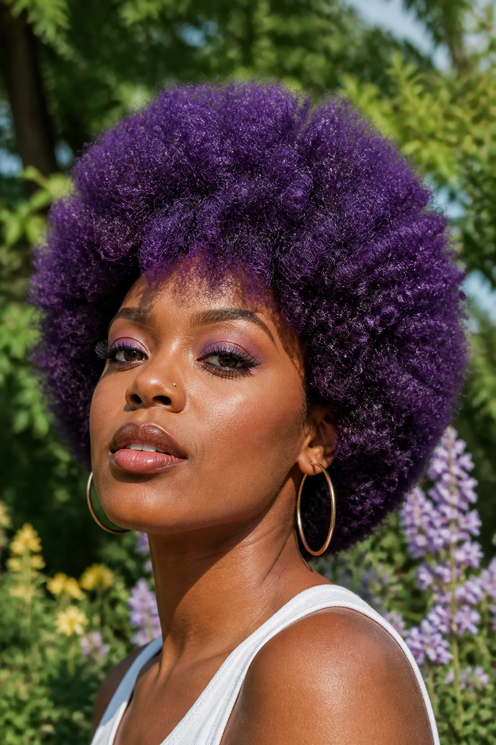 Portrait of a woman with a bold royal purple afro in natural sunlight