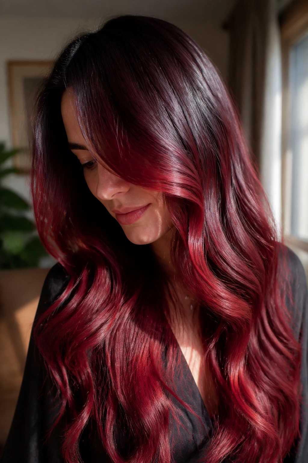 Close-up of a real woman with ruby balayage and deep roots