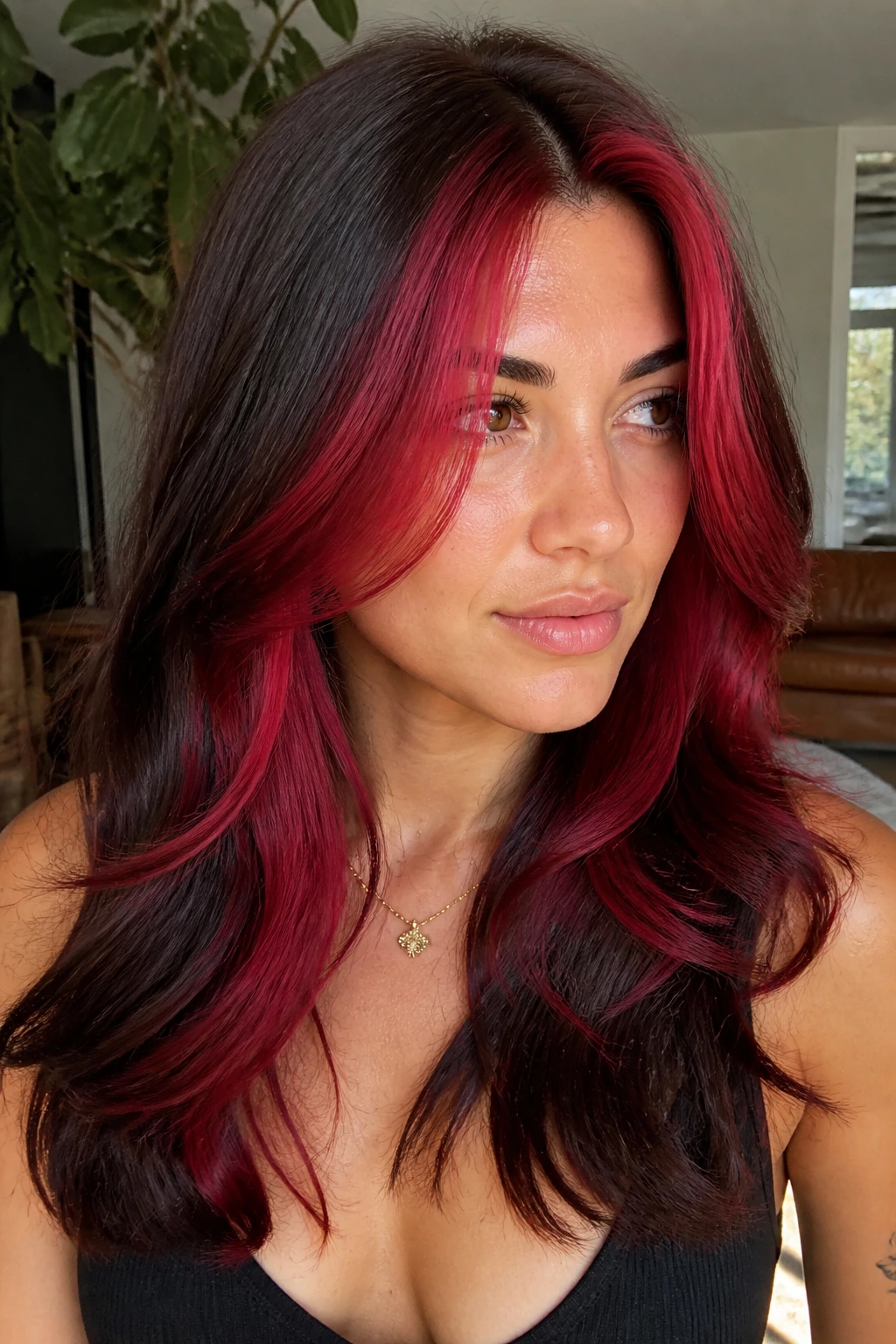 Real person with ruby red face-framing layers
