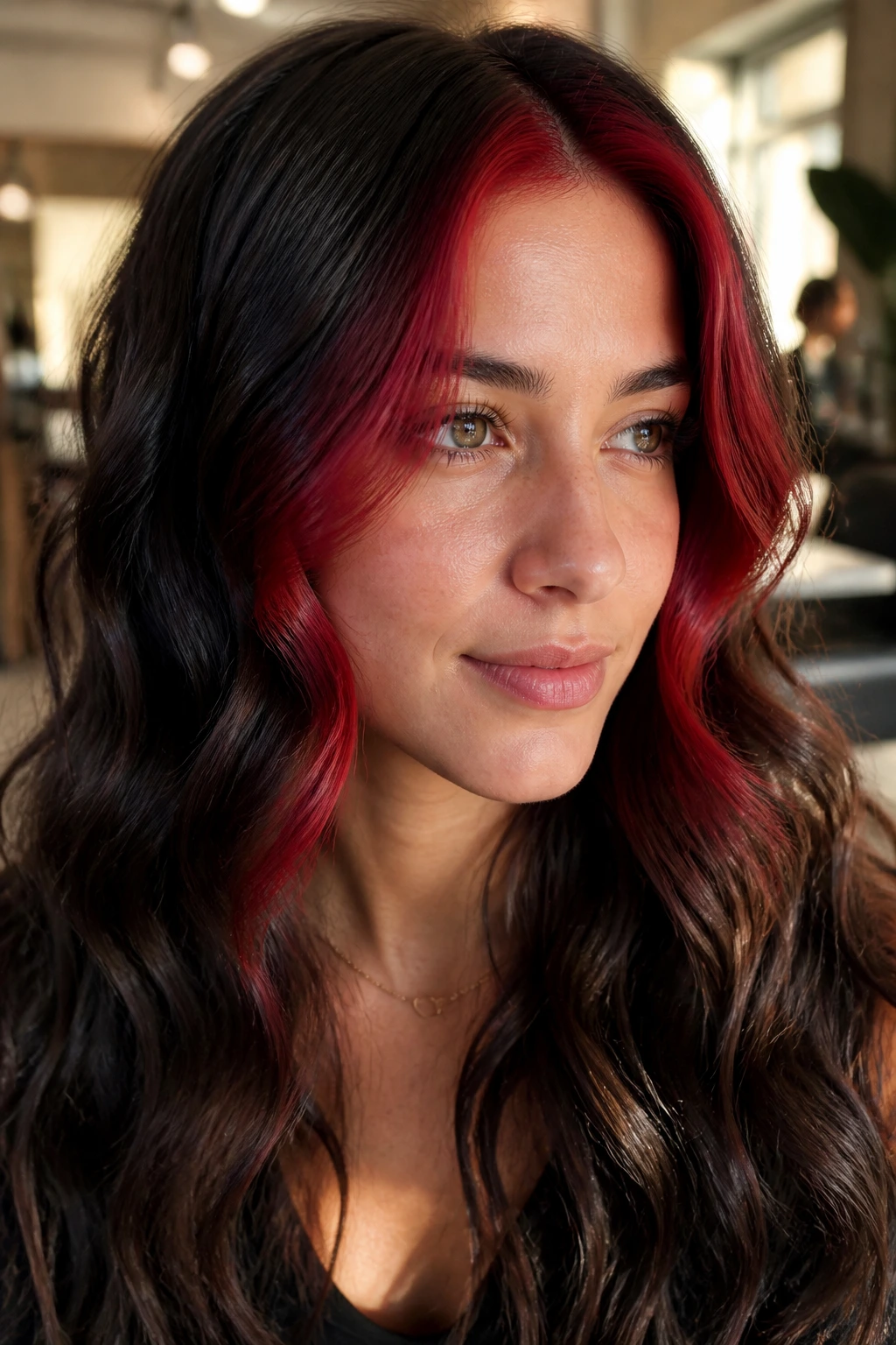 Close-up of a real woman with a ruby money piece framing wavy brunette hair