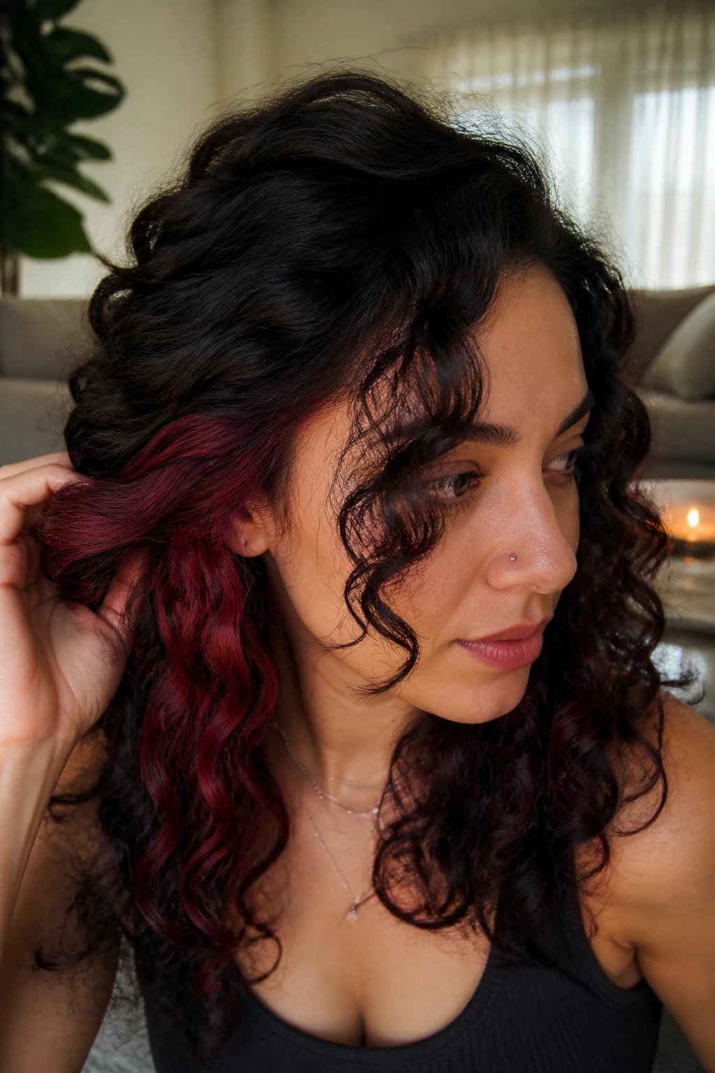 Close-up portrait showing ruby peekaboo panels under the crown in soft daylight.