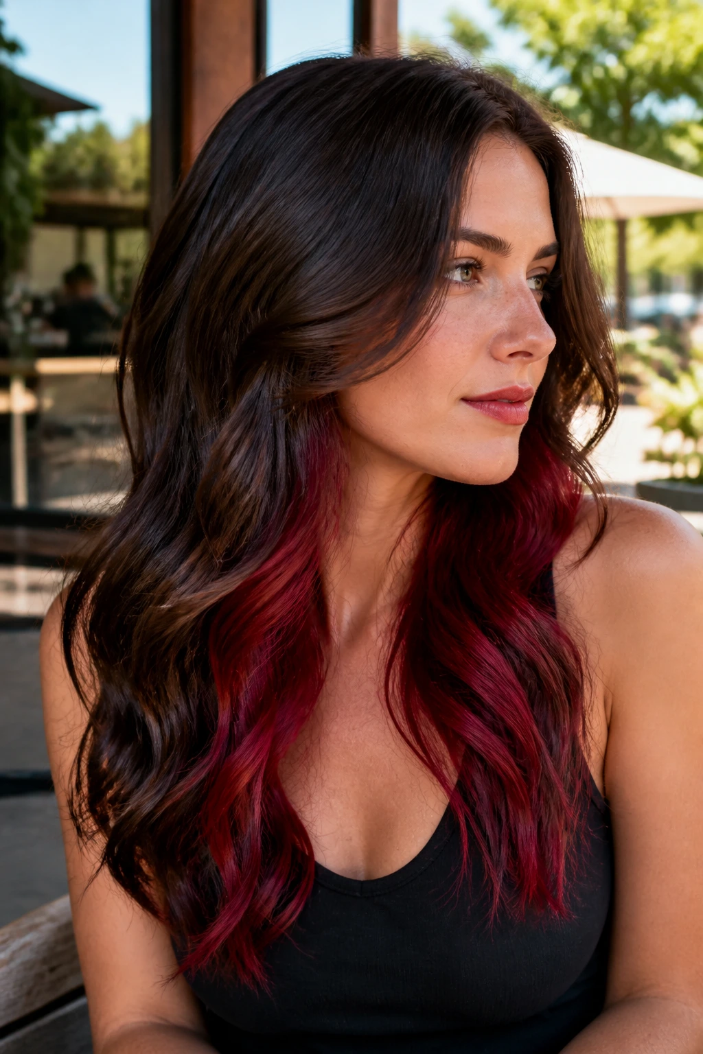 Portrait showing hidden ruby panels under the top layer in long wavy hair