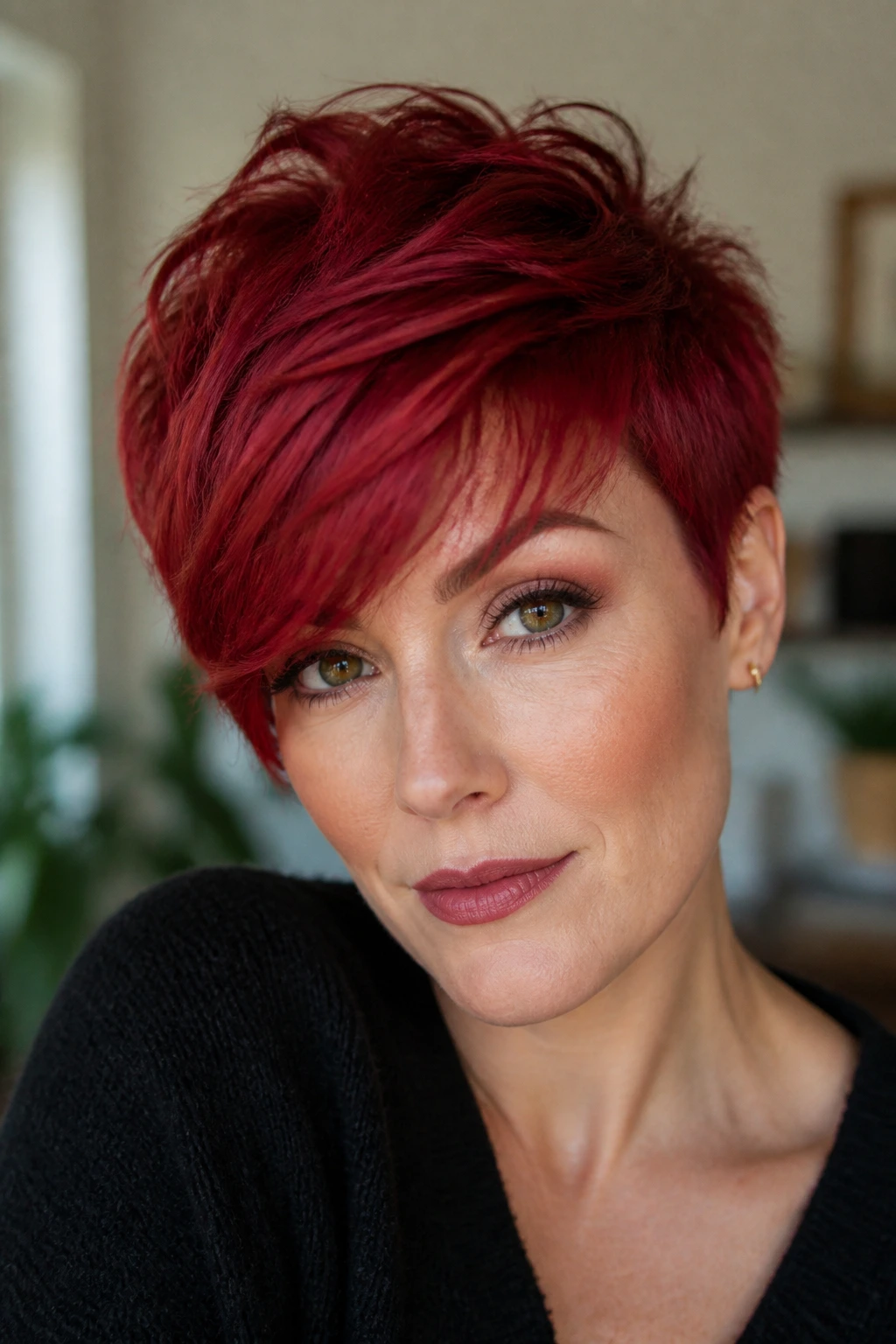 Portrait of a woman with ruby pixie and swept fringe by window light