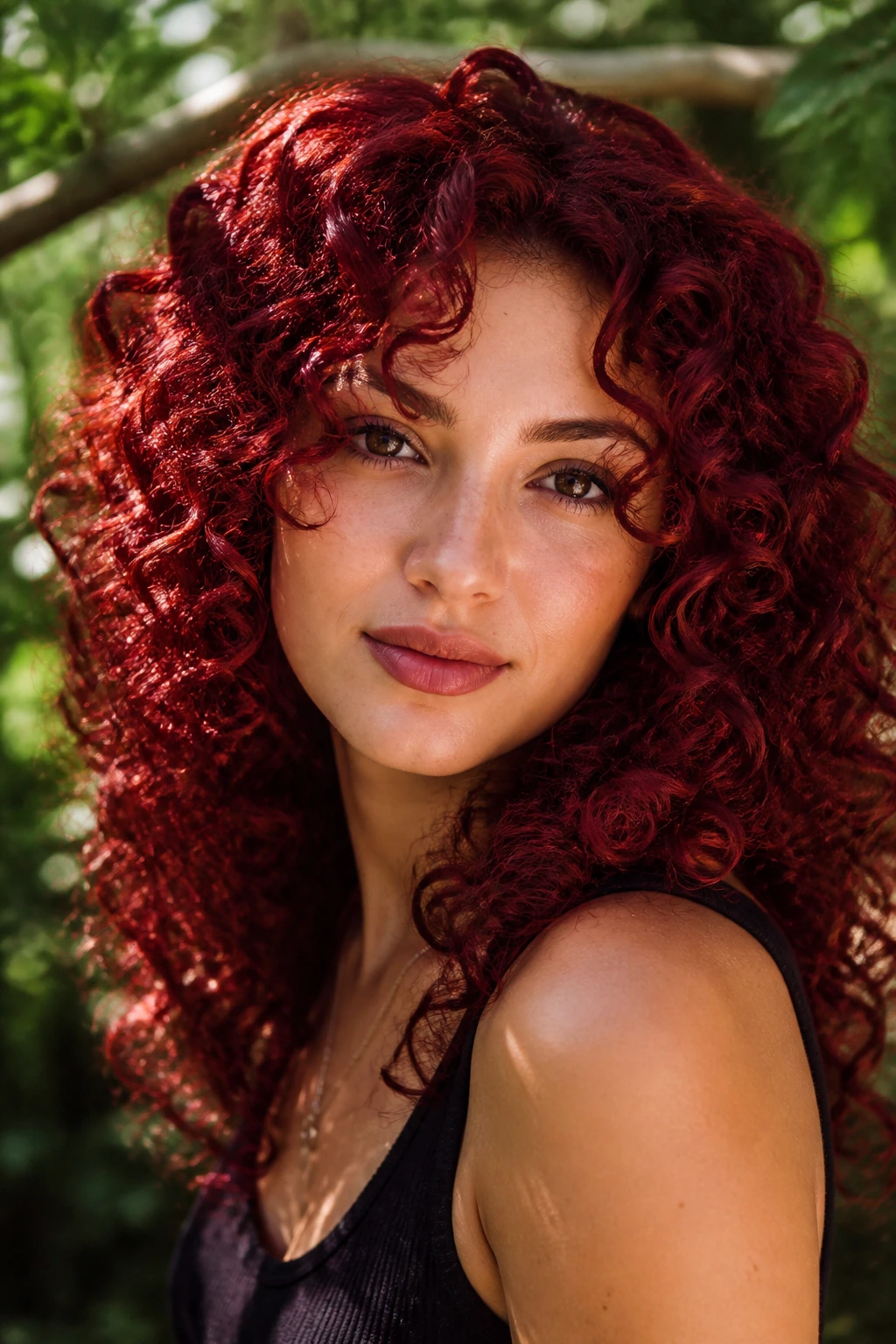 Real woman with defined ruby red curls