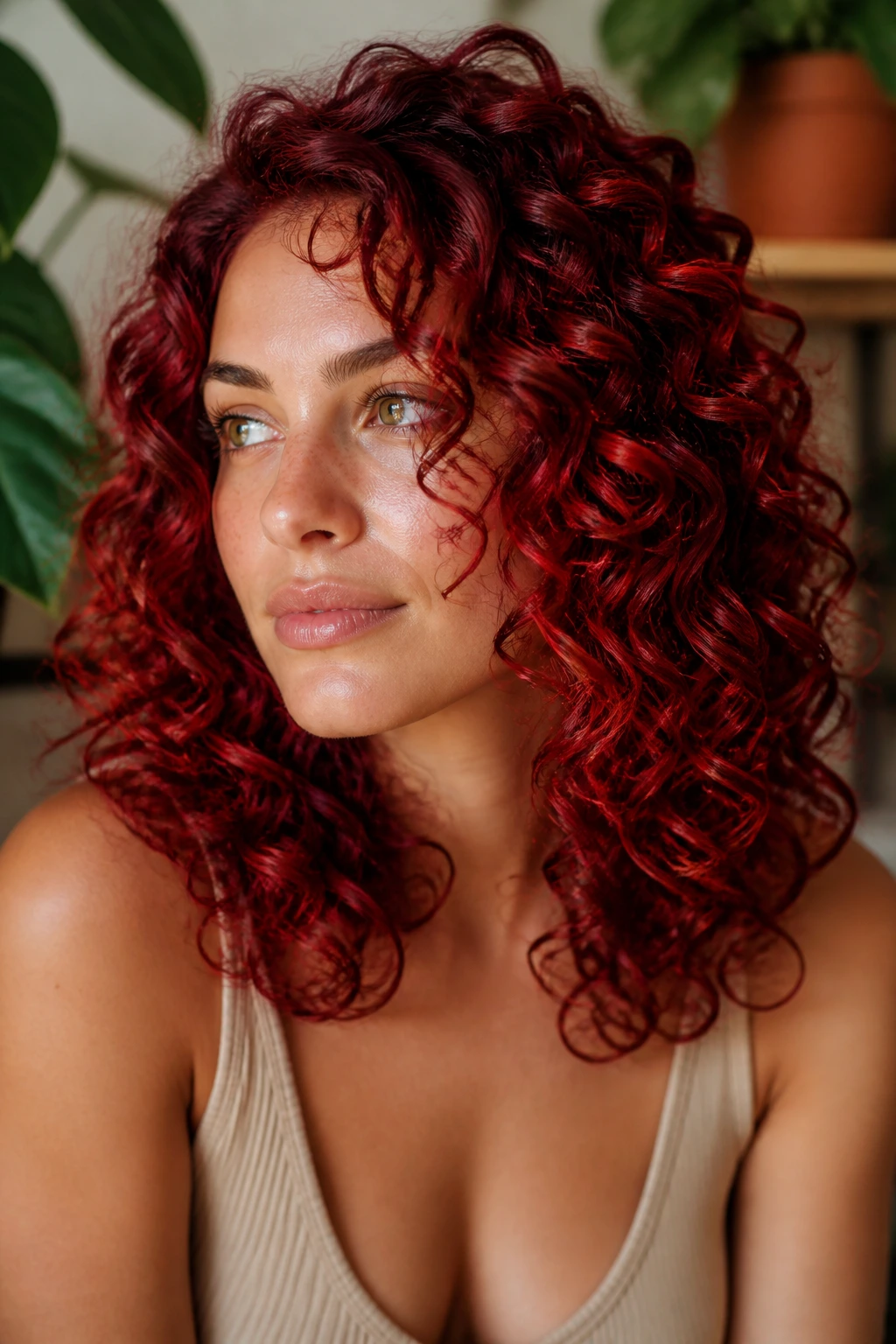 Close-up portrait of a real woman with ruby red curls