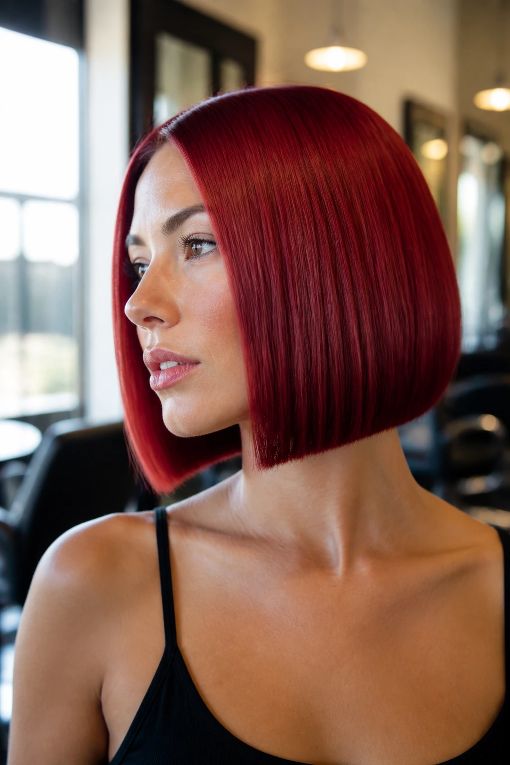 Close-up portrait of a real woman with ruby red sleek blunt bob
