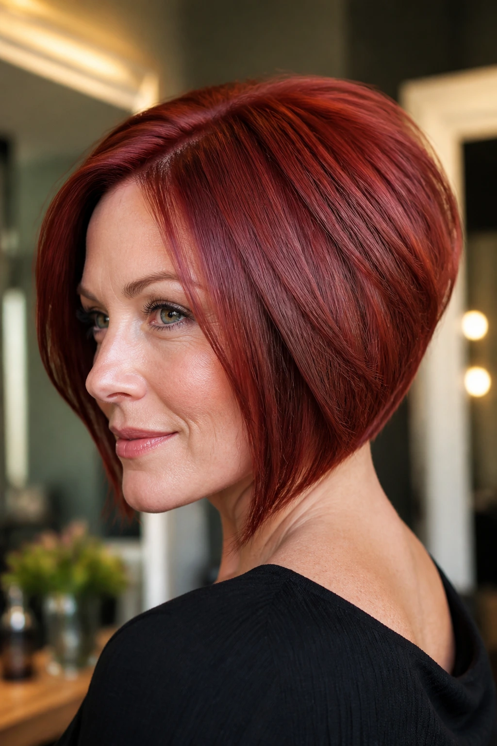 Close-up portrait of a real woman with ruby wedge bob and crown volume in a warm salon.