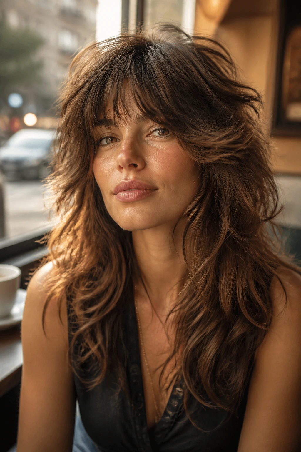Close-up portrait of a real woman with a ruffled blowout shag at a cafe window.