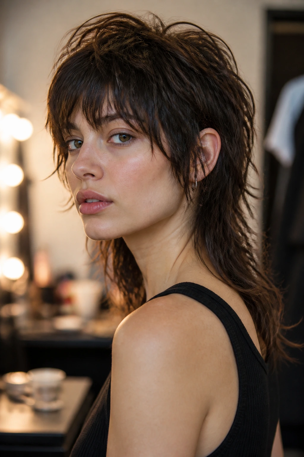 Real person with ruffled mullet shag and tapered bangs in backstage greenroom