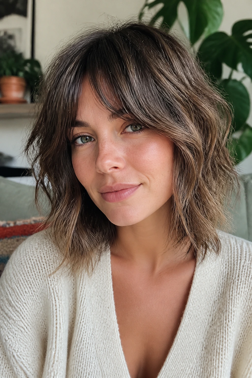 Portrait of a woman with a shaggy lob and Bardot bangs in a cozy living room