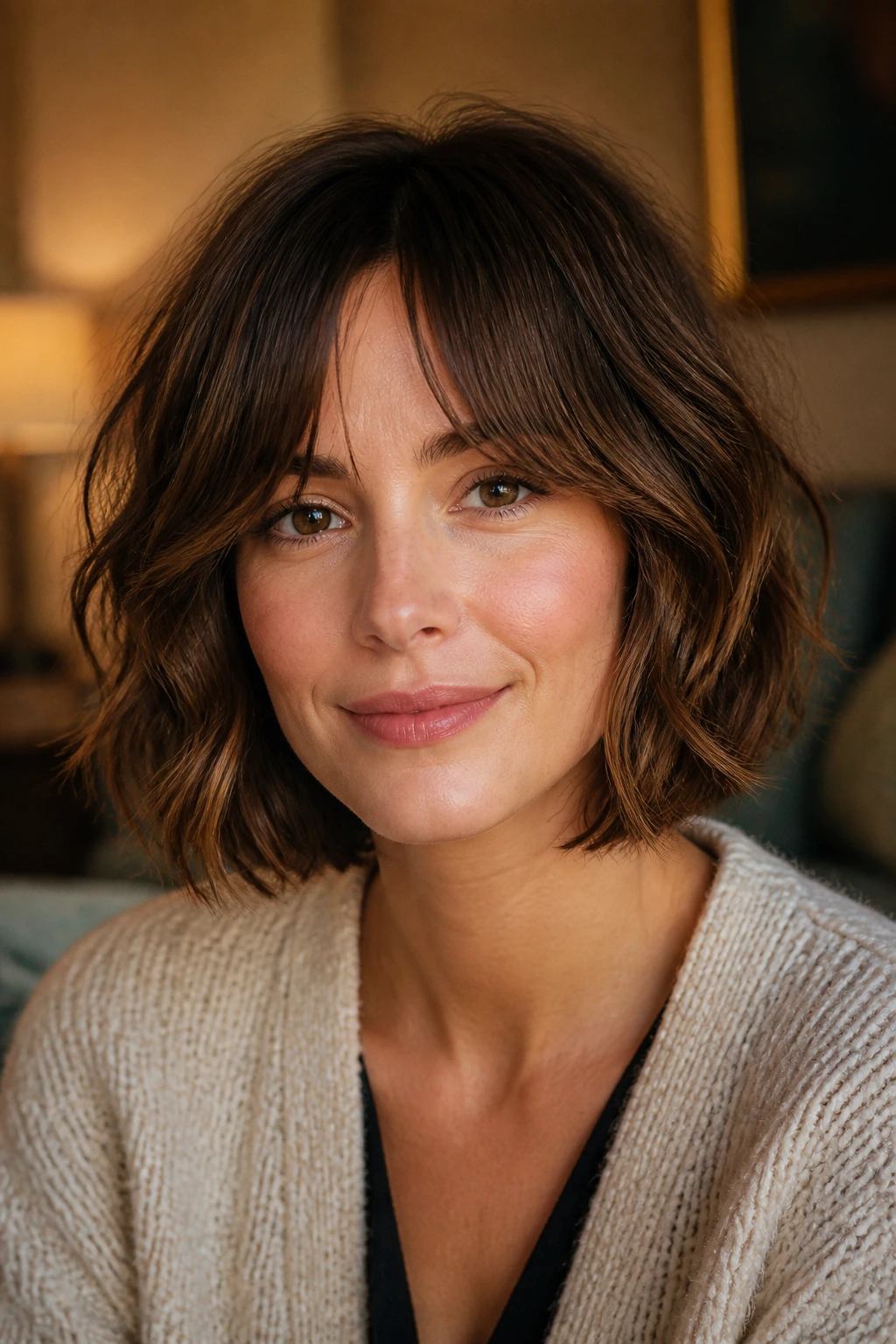 Real woman with rumpled bob and curtain fringe in warm living room