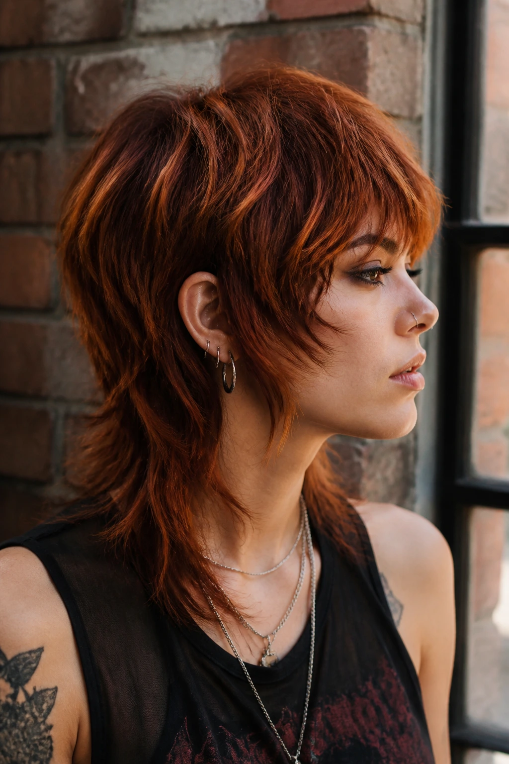 Medium close-up of a real person with rust copper mullet shag hairstyle.