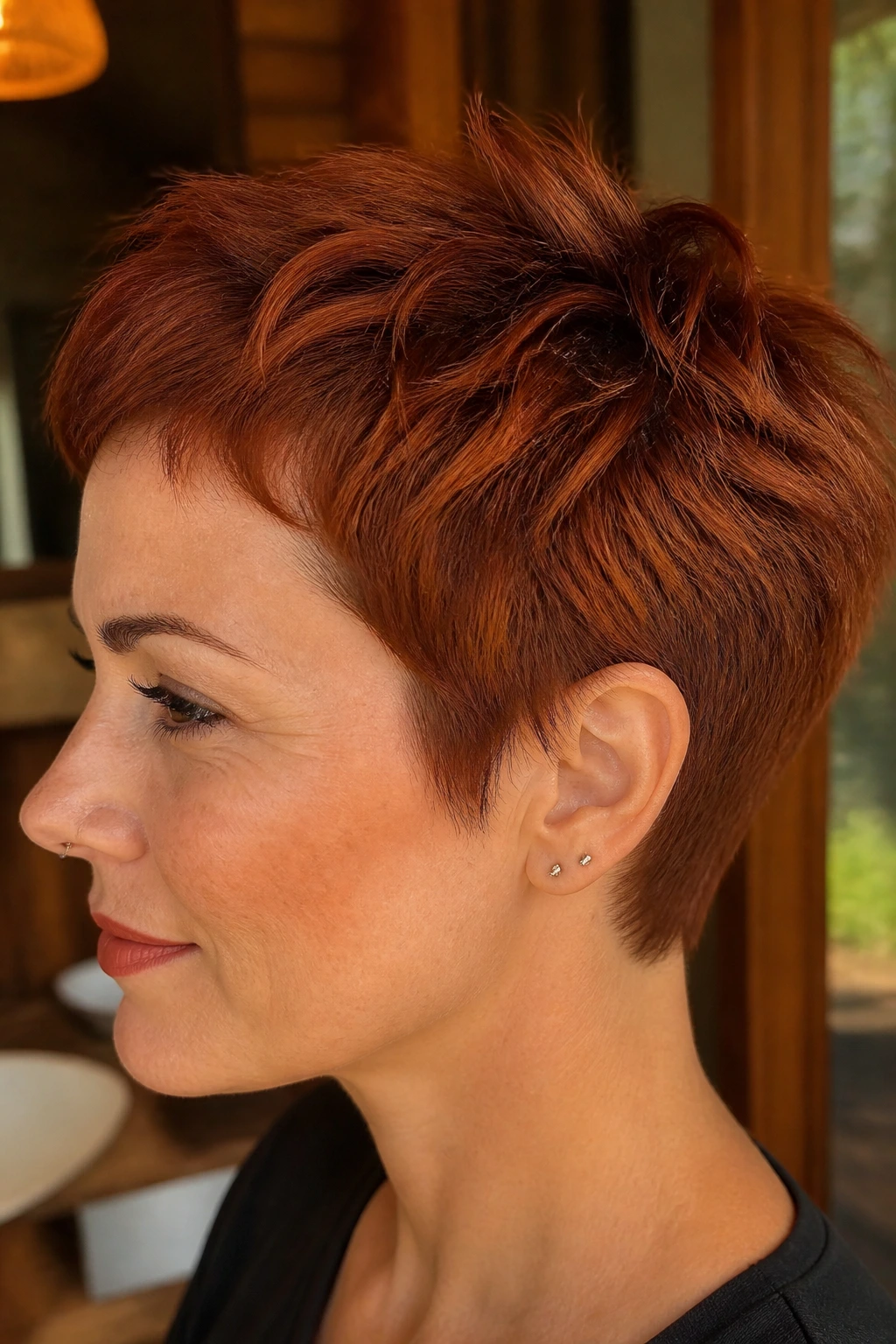 Real woman with a rust-red pixie cut in a warm indoor setting