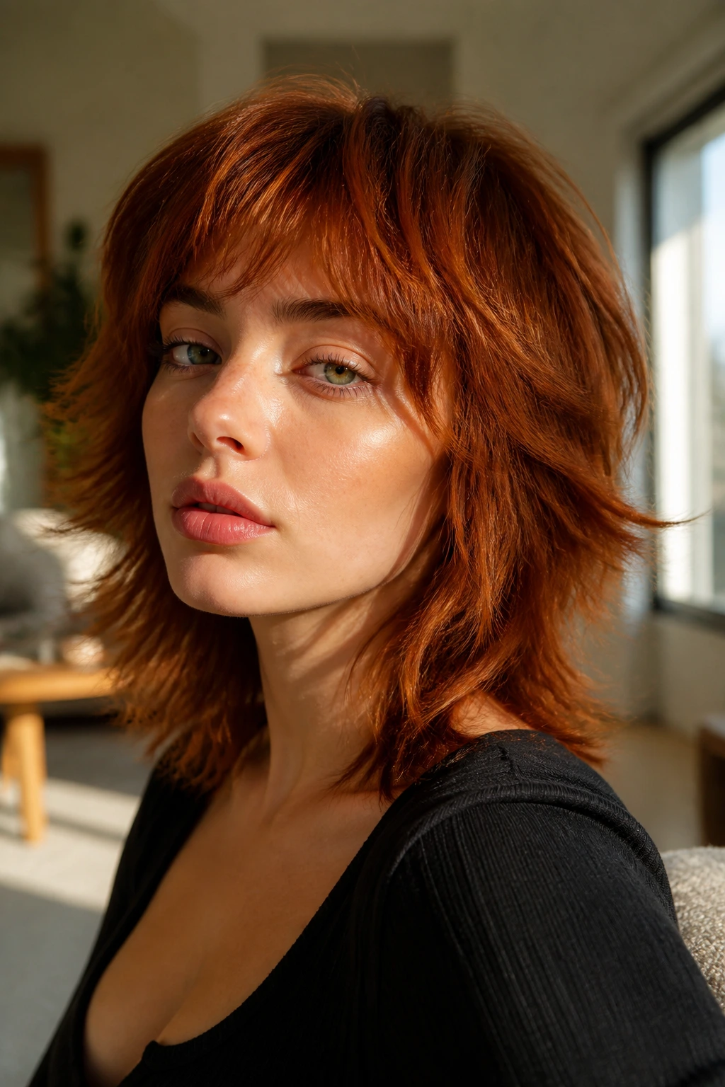 Close-up of a real woman with a rust-red shag, airy bangs and choppy ends.
