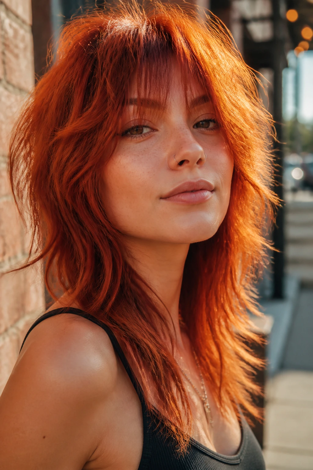 Close-up of real woman with rust-red soft wolf shag