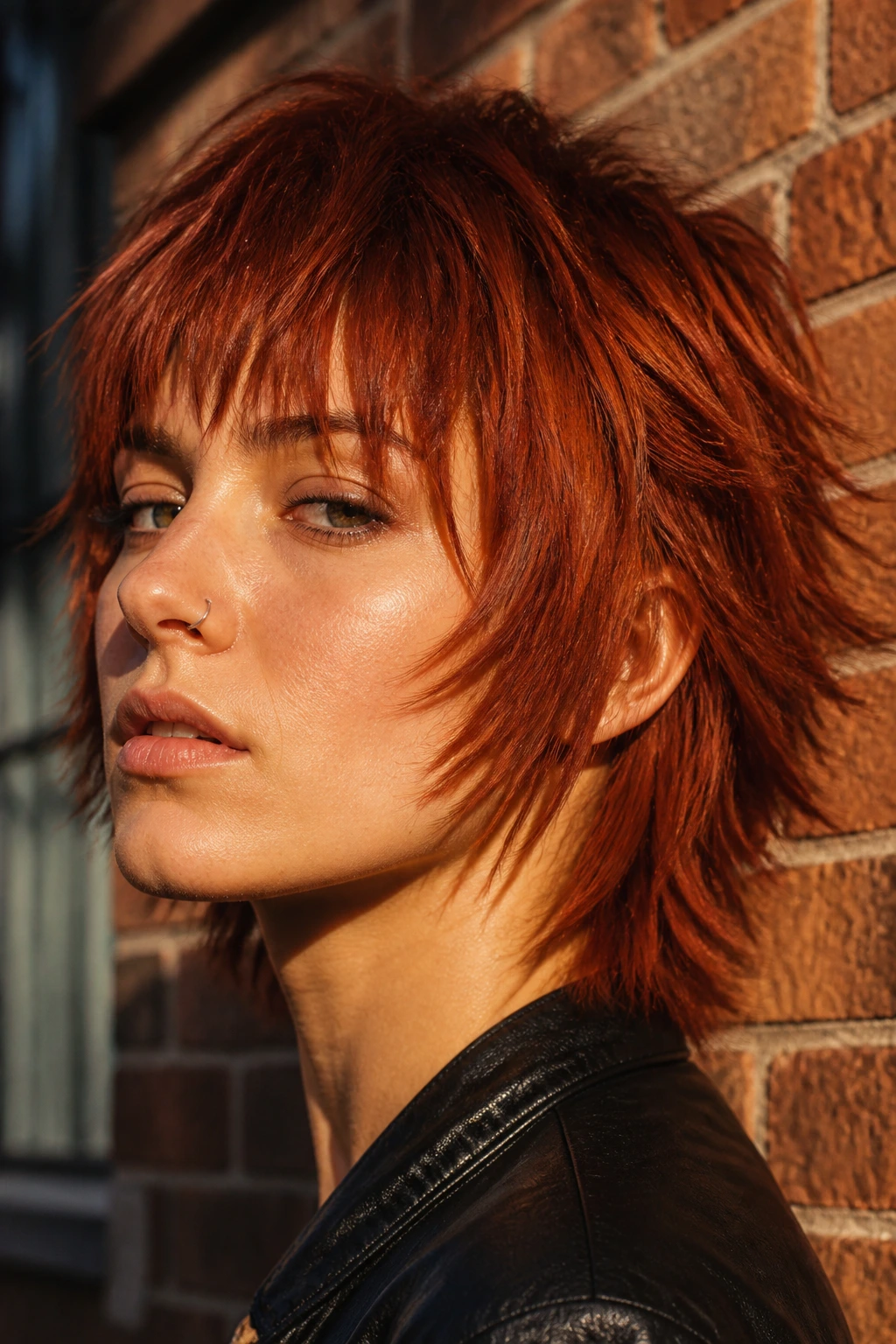 Close-up portrait of a real woman with razor-sharp rust shag hair