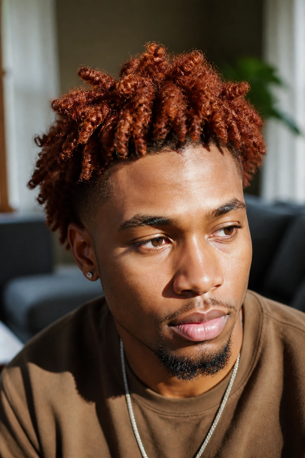 Close-up of a real person with rust-colored twist-out on coily hair