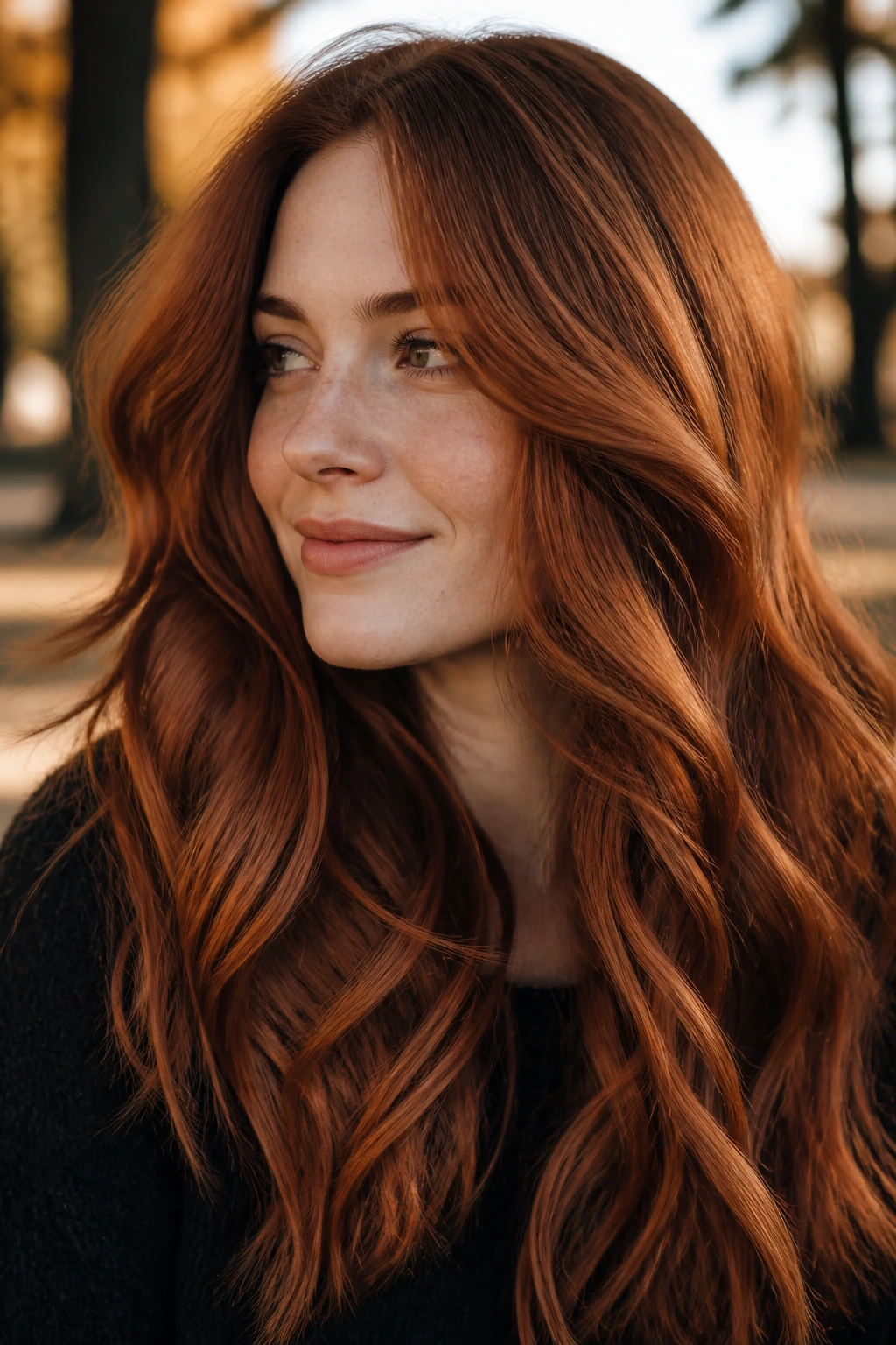 Close-up portrait of a real person with rust velvet waves and copper ribbons