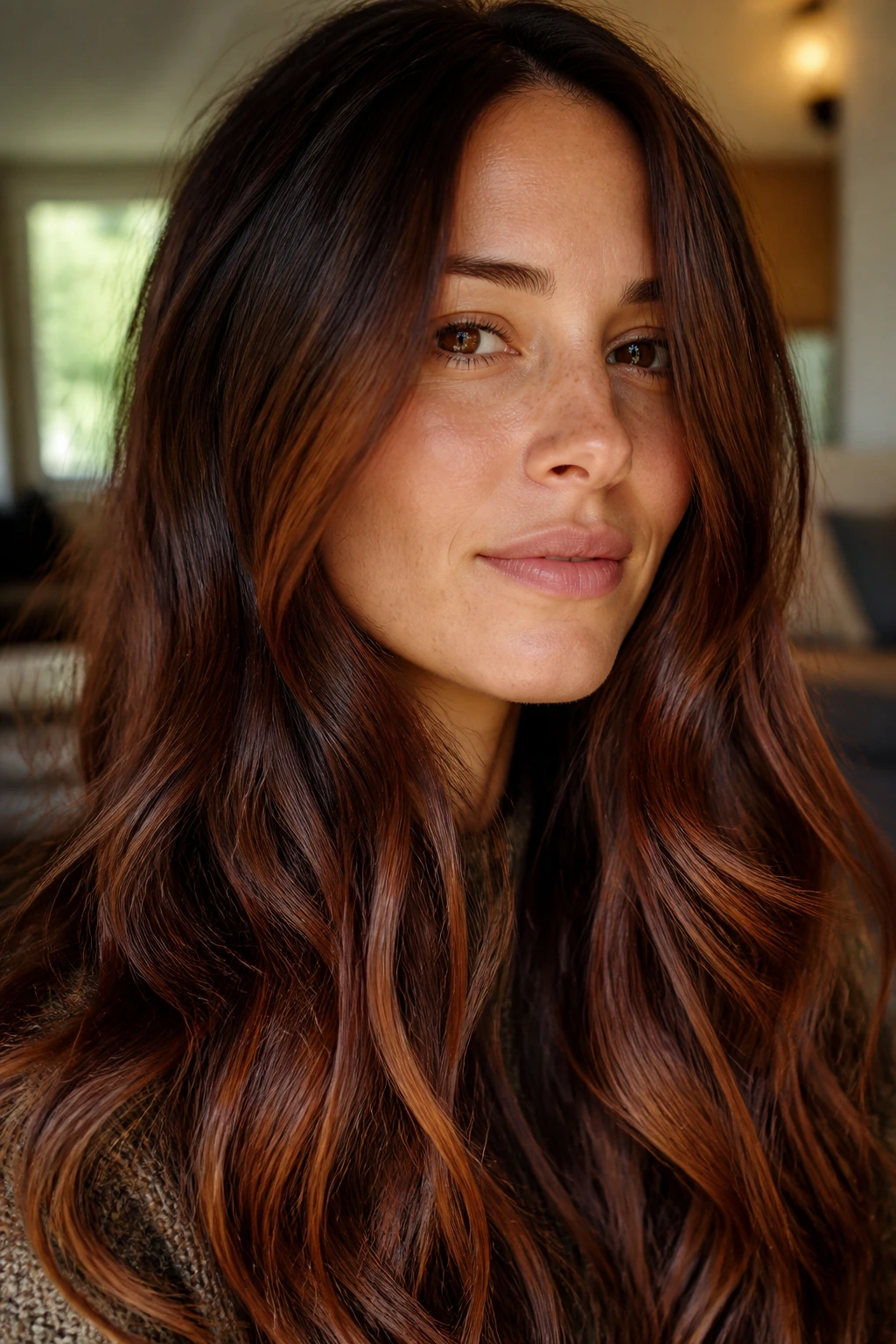Close-up of dark brown hair with rusty ginger tones woven through mids and ends