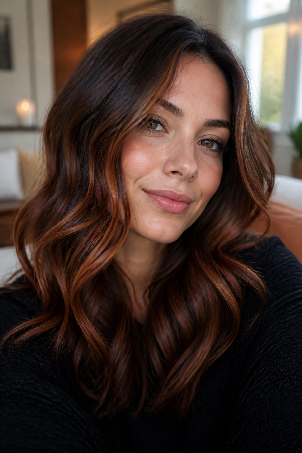 Close-up of rusted brunette hair with terracotta glaze