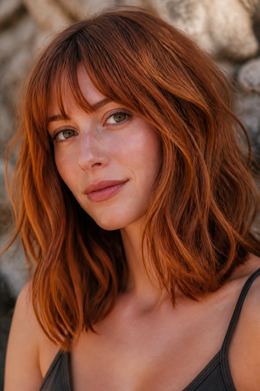 Close-up of a real person with rusted copper hair texture and undone styling