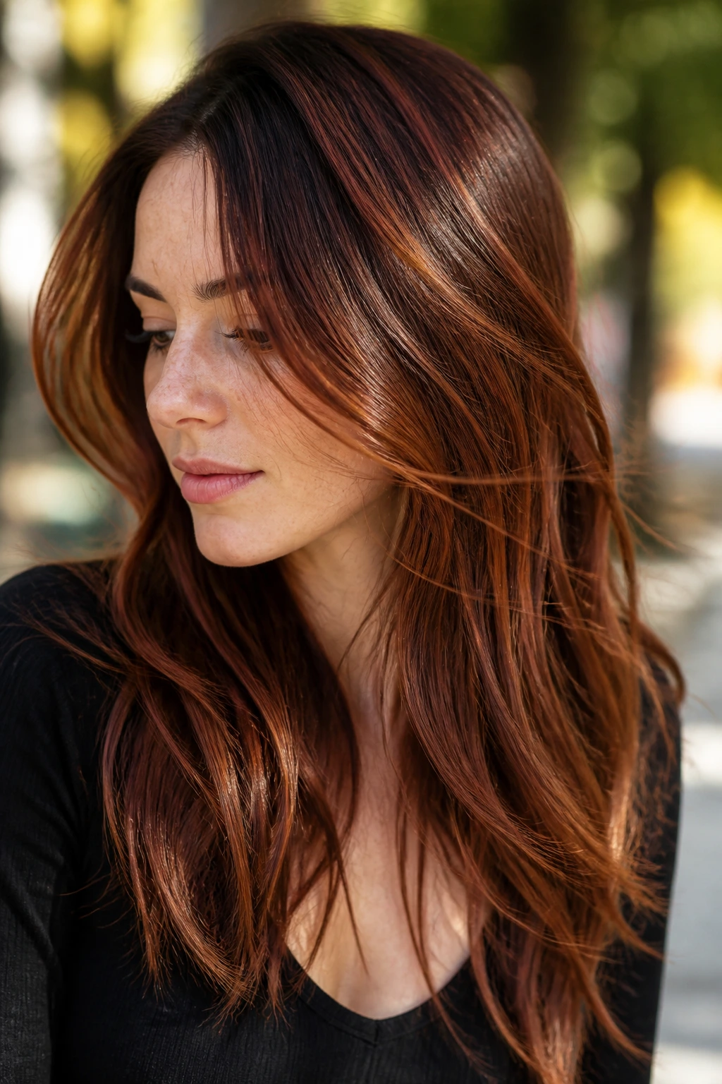 Close-up of long hair with rusted copper micro-light highlights.