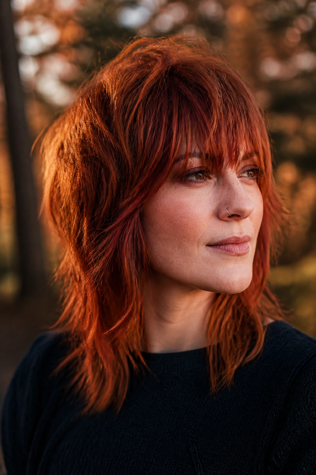 Close-up of a real woman with a rusted copper shag hairstyle.