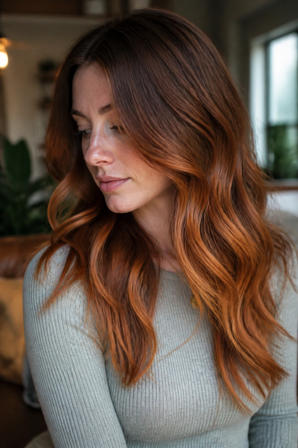 Close-up of rusted copper sombre with soft root and muted copper ends on long waves