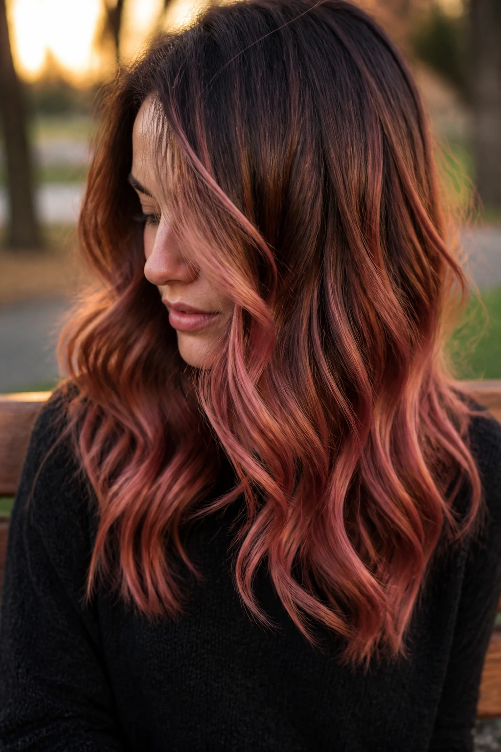 Close-up of a real woman with rose-copper balayage on brunette hair
