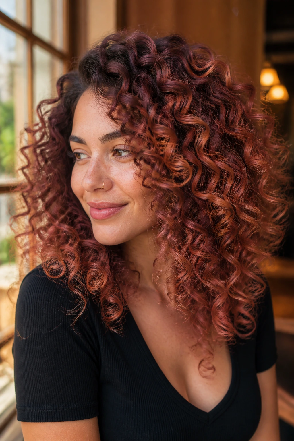 Close-up of a real person with rusted rose balayage on curly hair