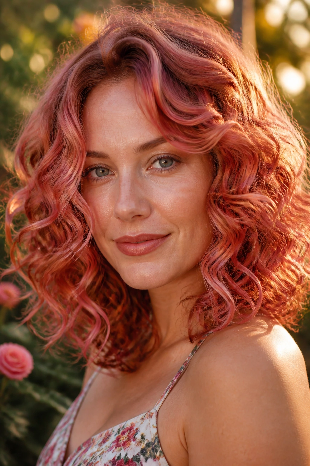 Close-up of a real woman with rusted rose curling hair in golden-hour light